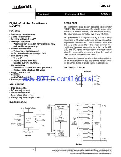 Intersil X9318 Data Sheet - cover page