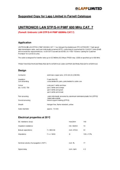 Lapp UNITRONIC LAN STP/S-H PiMF 600 MHz CAT.7 Datasheet - cover page