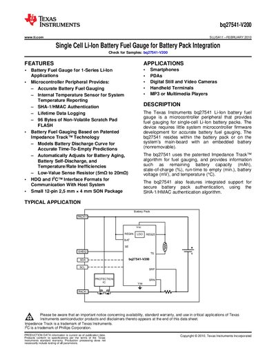 Texas Instruments bq27541-V200 Datasheet - cover page