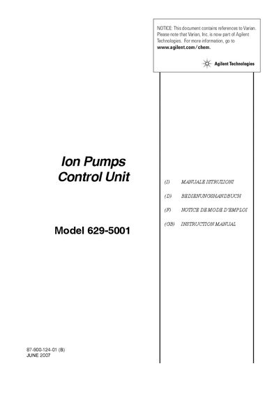 Agilent 629-5001 Ion Pumps Control Unit Instruction Manual - cover page