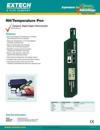 EXTECH 445580 ........................RH/Temperature Pen 445580-NIST................445580 with Calibration Traceable to NIST. RH300-CAL ..................33% 75% RH calibration reference - cover page