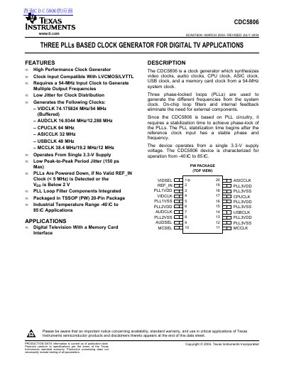 Texas Instruments CDC5806 Clock Generator Datasheet - cover page
