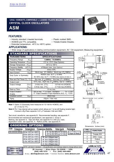 ABRACON ASM Crystal Clock Oscillators Datasheet - cover page