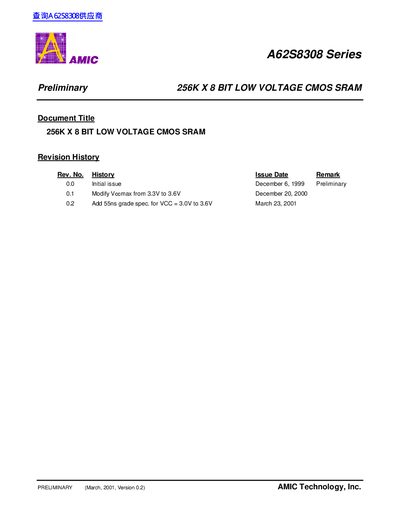 AMIC A62S8308 256K x 8‑bit Low Voltage CMOS SRAM Preliminary Datasheet - cover page