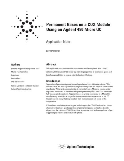 Agilent 490 Micro GC Application Note: Permanent Gases on a COX Module - cover page