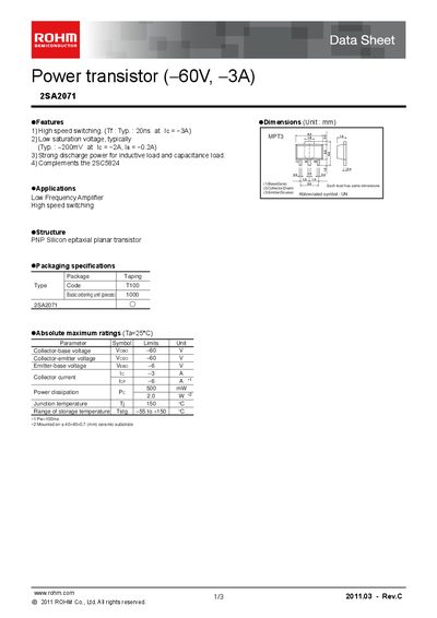 ROHM 2SA2071 Power Transistor Datasheet - cover page