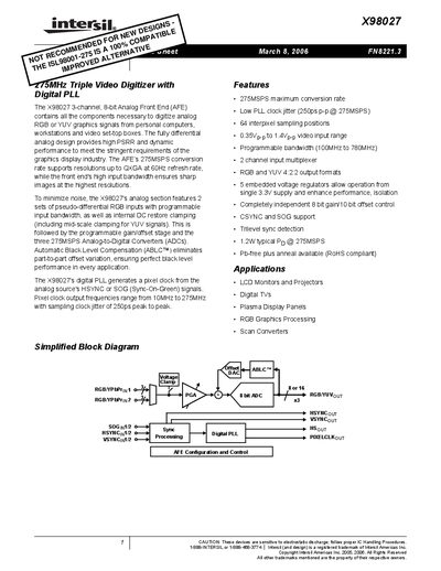 Intersil X98027 Triple Video Digitizer Datasheet - cover page