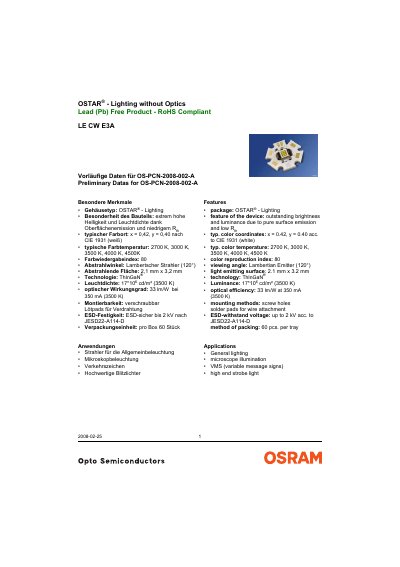 OSRAM LE CW E3A OSTAR Lighting without Optics Datasheet - cover page
