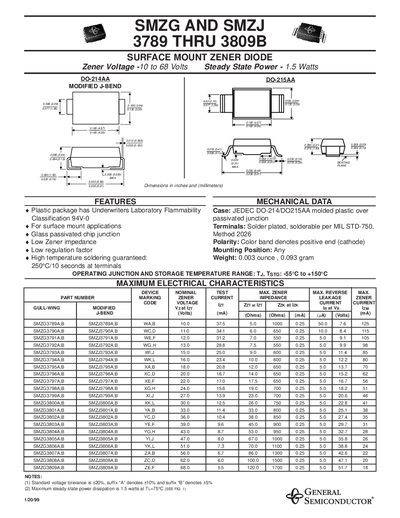 GENERAL SEMICONDUCTOR SMZG AND SMZJ 3789 THEU 3809B Data Sheet  - cover page