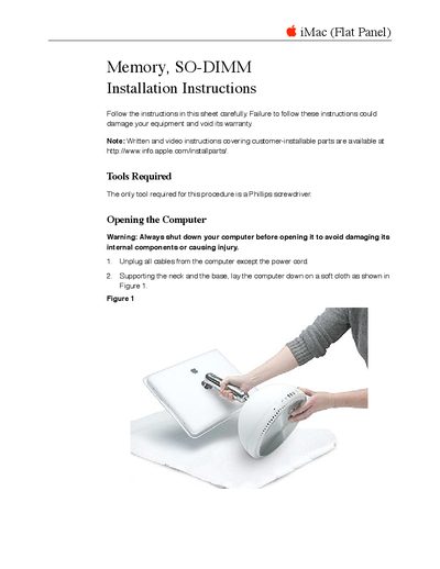 Apple iMac (Flat Panel) Memory SO-DIMM Installation Instructions - cover page