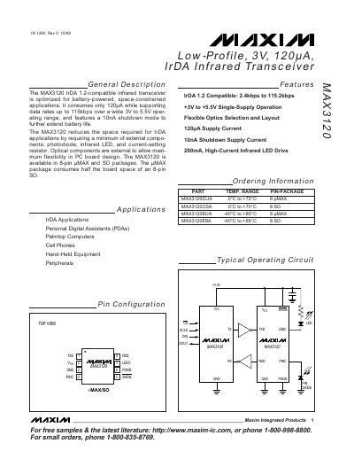 Maxim MAX3120 Infrared Transceiver Datasheet - cover page