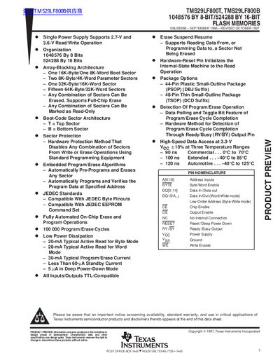 TEXAS INSTRUMENTS TMS29LF800T TMS29LF800B DATA SHEET - cover page