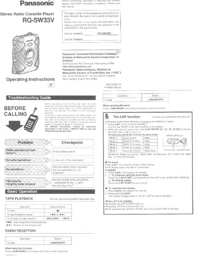 Panasonic RQ-SW33V Stereo Radio Cassette Player Operating Instructions - cover page