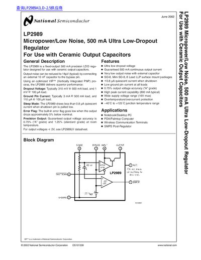 National Semiconductor LP2989 Micropower/Low Noise 500 mA Ultra Low‑Dropout Datasheet - cover page
