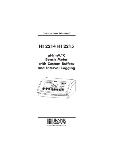 Hanna Instruments HI-2214/HI-2215 pH/mV Bench Meter Instruction Manual - cover page
