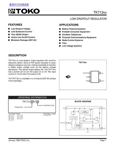 TOKO TK713xx Low Dropout Regulator Datasheet - cover page