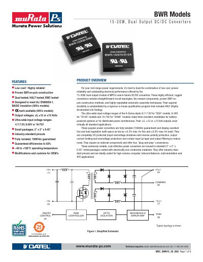 Murata Power Solutions BWR 15-20W Dual Output DC/DC Converter Datasheet - cover page