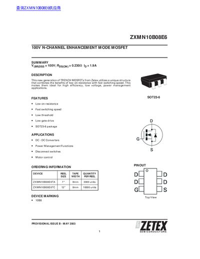 Zetex ZXMN10B08E6 100V N-Channel Enhancement Mode MOSFET Datasheet