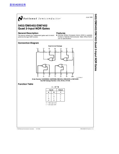 National Semiconductor 5402/DM5402/DM7402 Quad 2-Input NOR Gates Datasheet - cover page
