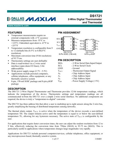 Maxim DS1721 2-Wire Digital Thermometer Thermostat Datasheet - cover page