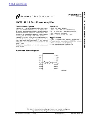 National Semiconductor LMX2119 1.9 GHz Power Amplifier Datasheet - cover page