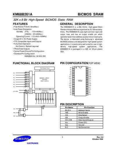 Samsung KM68B261A 32K x 8 Bit High-Speed BiCMOS SRAM Datasheet - cover page