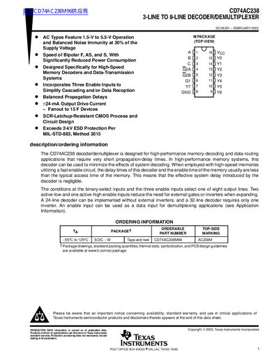 Texas Instruments CD74AC238 3-Line to 8-Line Decoder/Demultiplexer Datasheet - cover page