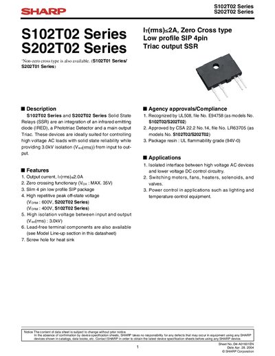 Sharp S102T02 / S202T02 Series Solid State Relay Datasheet - cover page