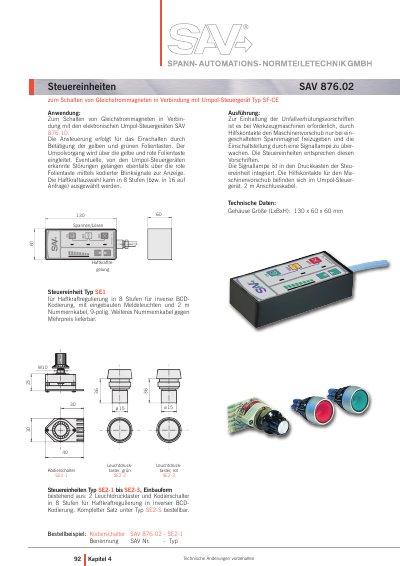 SAV 876.02 Control Unit Technology Data - cover page