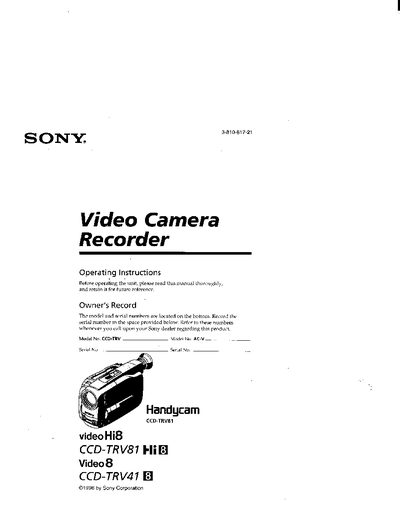 Sony CCD-TRV81/CCD-TRV41 Camcorder User Manual - cover page