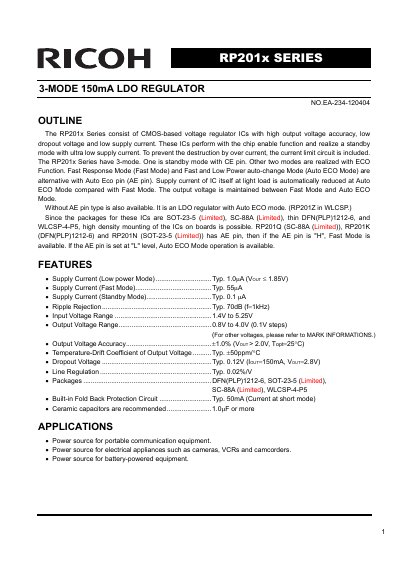 RICOH RP201x Series 3-Mode 150mA LDO Regulator Datasheet - cover page