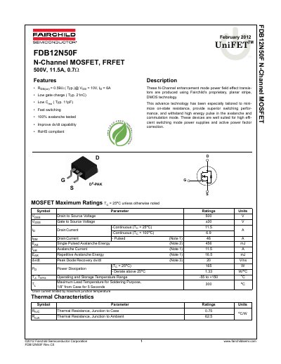 Fairchild FDB12N50F N-Channel MOSFET Datasheet - cover page