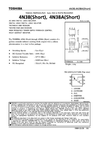 TOSHIBA 4N38/4N38A(Short) Photocoupler Datasheet - cover page