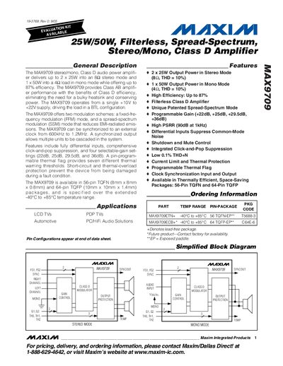 Maxim MAX9709 25W/50W Filterless Spread-Spectrum Stereo/Mono Class D Amplifier Datasheet - cover page