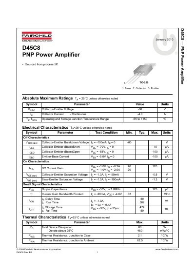 Fairchild D45C8 PNP Power Amplifier Datasheet - cover page