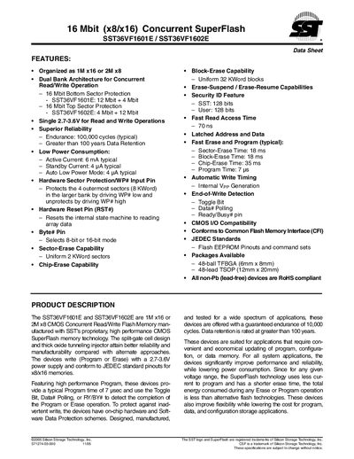 SILICON STORAGE TECHNOLOGY SST36VF1601E SST36VF1602E 16 Mbit (x8/x16) Concurrent SuperFlash handbook - cover page