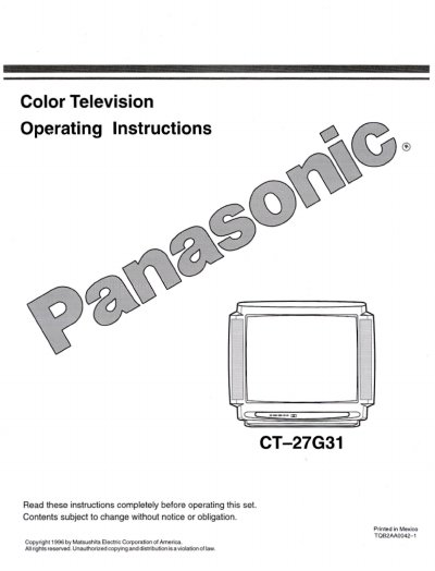 Panasonic CT-27G31 Color Television Operating Instructions