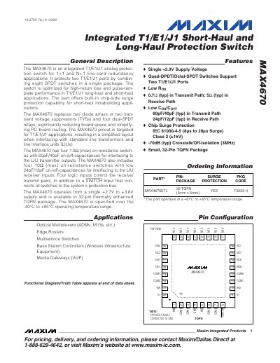 Maxim MAX4670 Integrated T1/E1/J1 Protection Switch Datasheet - cover page