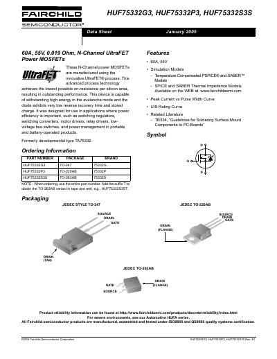 Fairchild HUF75332G3/HUF75332P3/HUF75332S3S Power MOSFET Datasheet