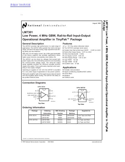 National Semiconductor LM7301 Operational Amplifier Datasheet - cover page