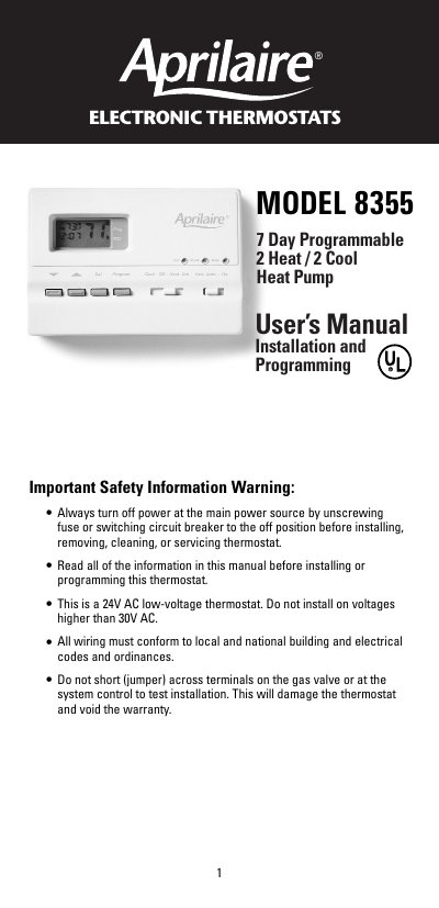 Aprilaire Model 8355 Heat Pump Thermostat User's Manual - cover page