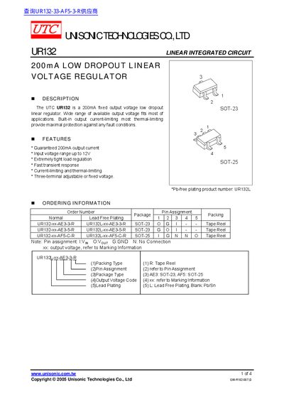 Unisonic UR132 Linear Integrated Circuit 200mA Low Dropout Voltage Regulator Datasheet - cover page