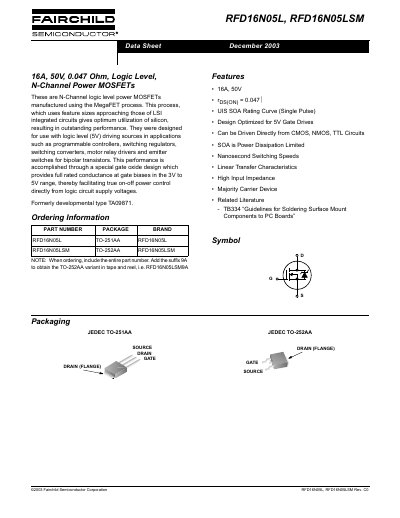 Fairchild RFD16N05L/RFD16N05LSM N-Channel Power MOSFET Datasheet