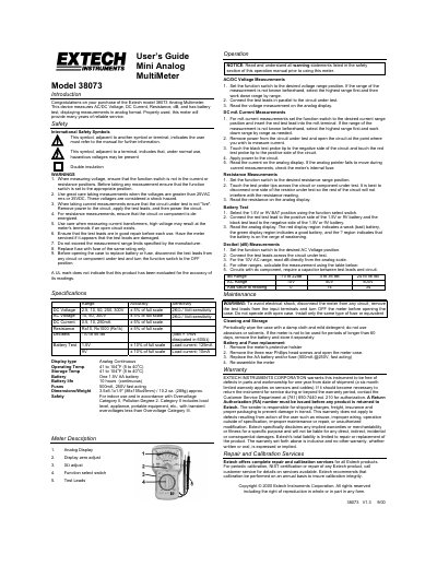 Extech Model 38073 Mini Analog Multimeter User's Guide - cover page