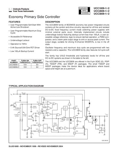 Texas Instruments UCC1809-1/-2, UCC2809-1/-2, UCC3809-1/-2 Economy Primary Side Controller Handbook