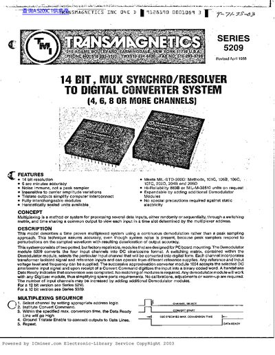 Transmagnetics 5209 Series Mux Synchro/Resolver to Digital Converter Datasheet - cover page