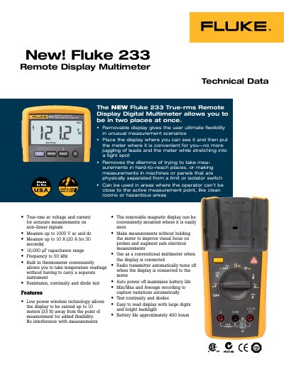 Fluke 233 Remote Display Multimeter Handbook - cover page