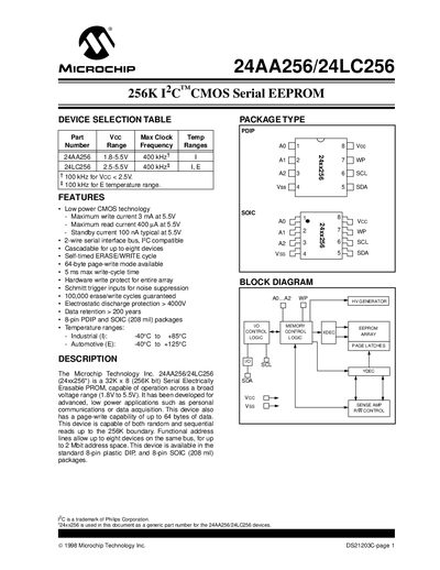 Microchip 24AA256/24LC256 Datasheet - cover page