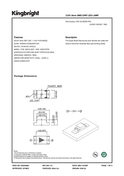 KINGBRIGHT 3.2X1.6mm SMD CHIP LED LAMP Manual - cover page