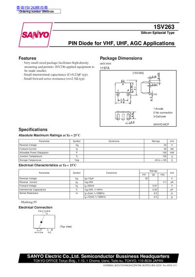 SANYO 1SV263 Silicon Epitaxial Type PIN Diode Datasheet - cover page